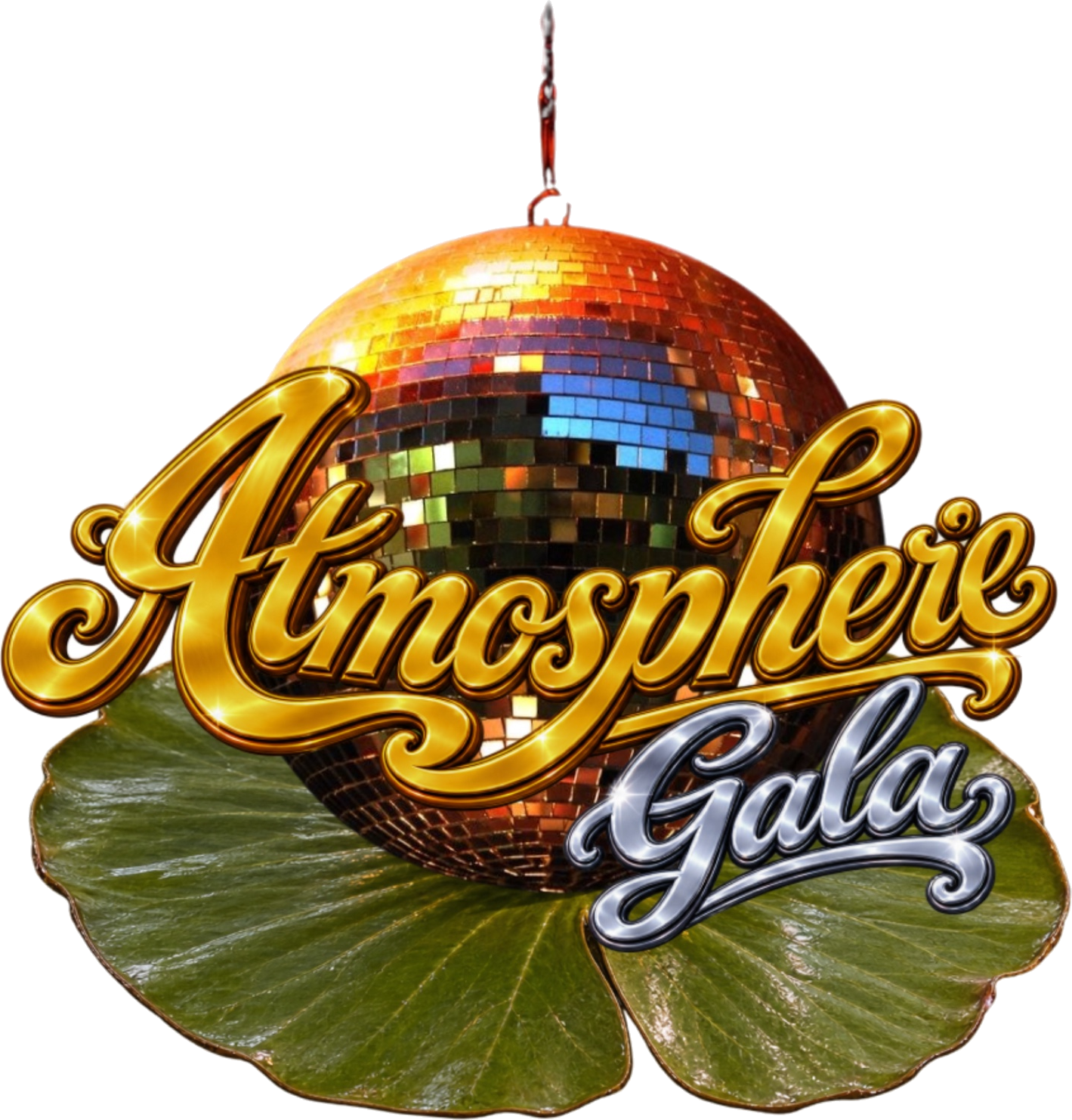Gold Atmosphere wordmark with disco ball and lily pad